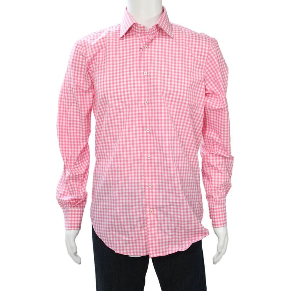 Hagen Mens Point Collar Check Button-Up Shirt Long Sleeve Pink Cotton Size 15.5
